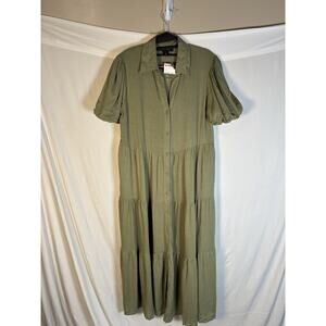 Tahari Womens S NWT Olive Green Tiered Maxi Shirtdress Puff Sleeve Button Down